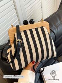 Striped Twill Bag With Wooden Clasp And Long Removable Strap