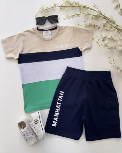 Conjunto Infantil Menino Camiseta Short Bermuda Masculino Roupa de Criança Passear Sair Bonito Presente Verde Laranja Malha Manhattan