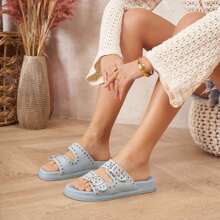 Flat Sandal With Double Straps And Metal Buckles - JEANS - View 2