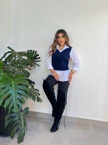 V-Neck Braided Knit Sweater Vest - Navy Blue - View 4