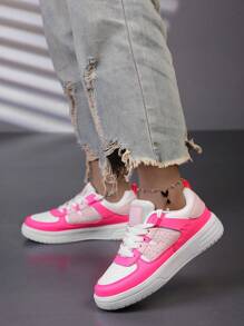 Baskets noires et blanches pour femmes, chaussures de skate à lacets avec semelle épaisse et douce, chaussures de marche basses, chaussures polyvalentes à semelle blanche pour femmes, chaussures pour étudiantes - Rose vif - Voir 5