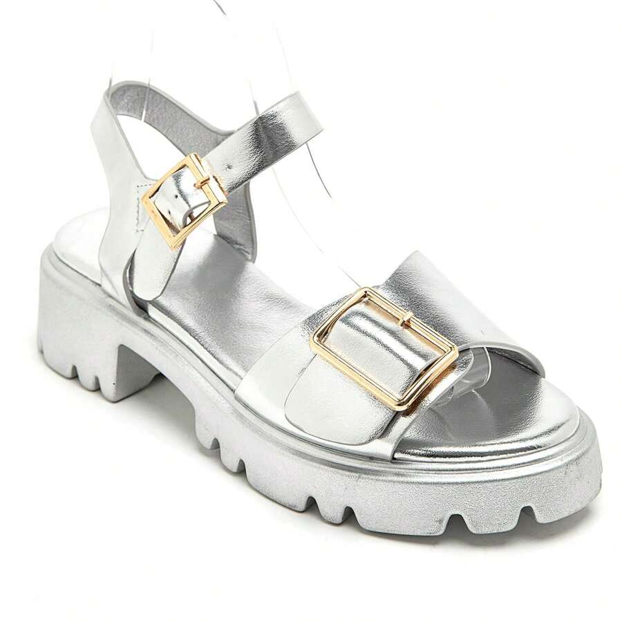 Sandals With Metal Detail Buckle Straps And Thick Soles - Silver - View 1
