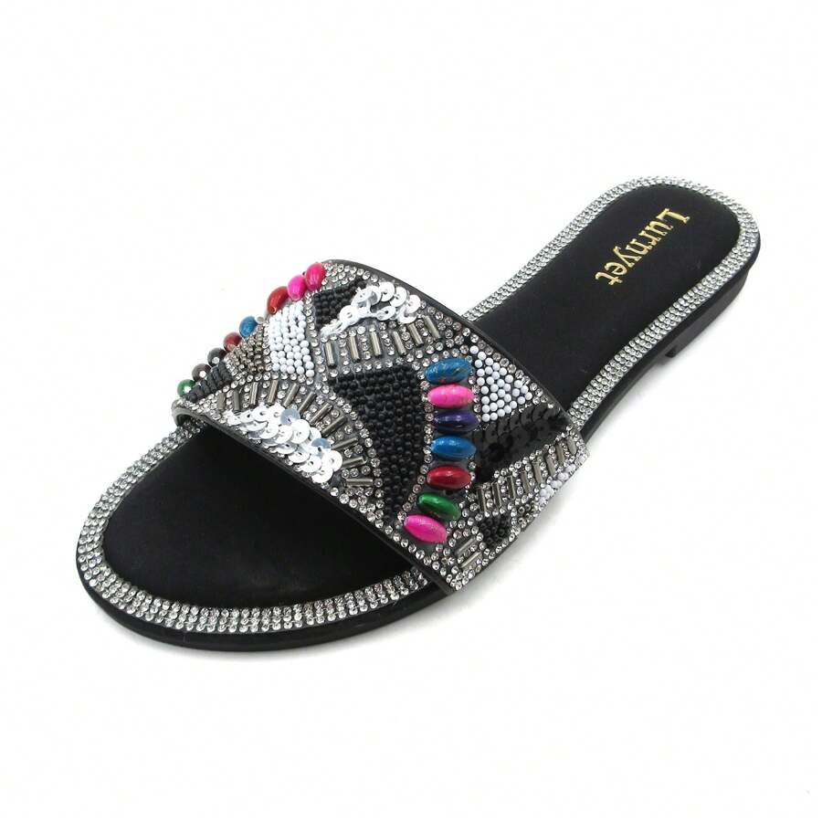 Women's Rhinestone Crystal Embellished And Beaded Comfort Cushion Slide Sandals With Multicolor Gemstone Accents: Perfect For Parties, Gatherings, Casual Wear, Vacations, And Beach Days - màu đen - Xem 1