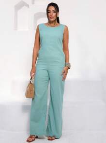 Elegant Linen Pantaloon Jumpsuit Wide Legs And Discreet Pockets - Mint Green - View 1