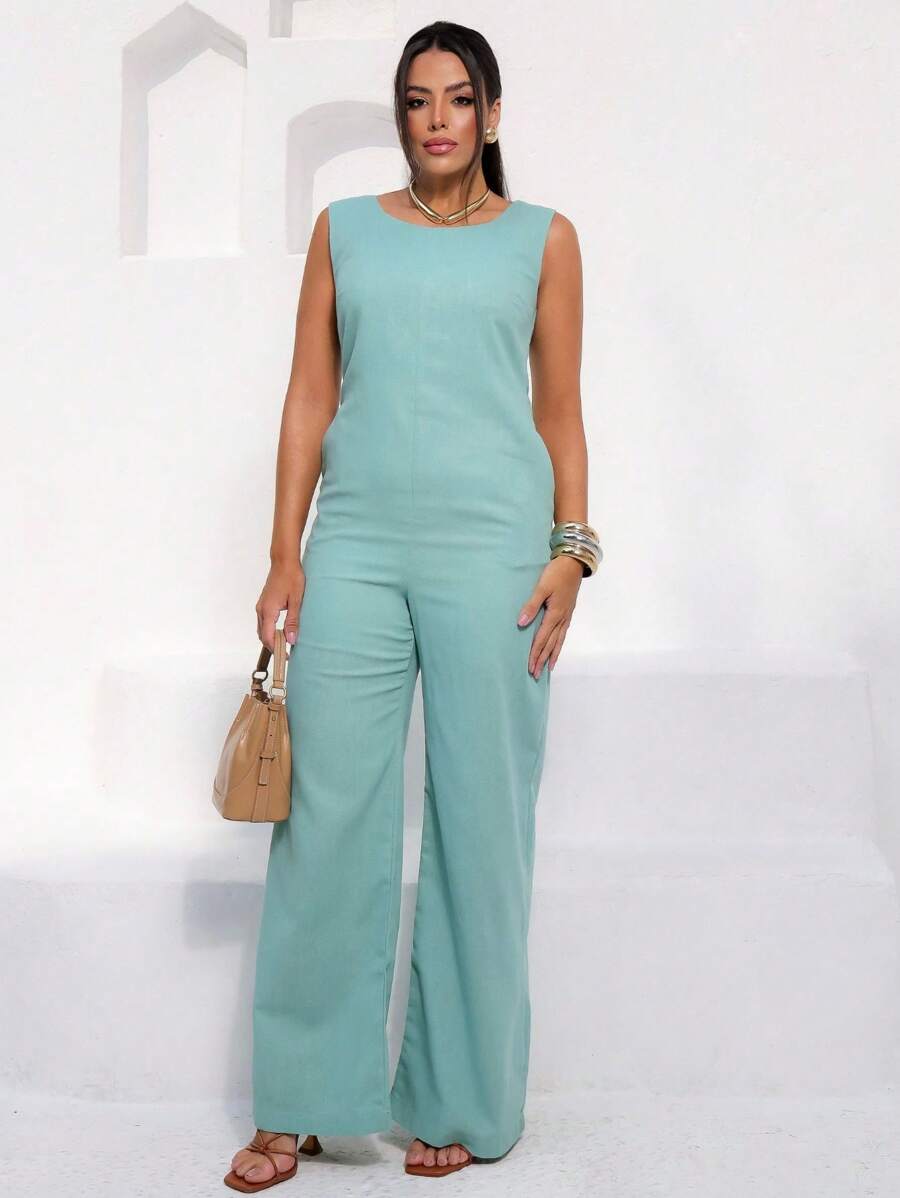 Elegant Linen Pantaloon Jumpsuit Wide Legs And Discreet Pockets - Mint Green - View 1