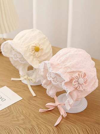 1 pieza Gorro de bebé recién nacido con flor de encaje, sombrero de princesa con volantes y cordón, gorro de malla transpirable para bebés y niños pequeños para primavera y verano