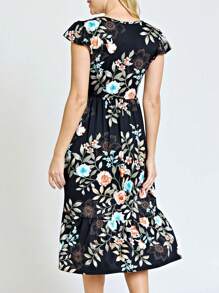 Boho Retro Ditsy Floral Flutter Puff Sleeve Square Neck Tiered Ruffle Tea Midi Length Classic Bridgerton Dress - Black B - View 4
