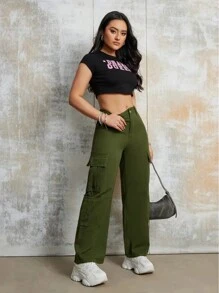 Women's Casual Cargo Pants With Flap Pockets - Loose Fit, Blend, Machine Washable - Hip-Hop Style