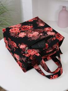 New Thick Flower Print Fabric Tote Bag, Large Capacity Portable Lunch Box Organizer Bag, Suitable For Work Commuting, Carrying Lunch, Outdoor Shopping, Lunch Box Storage, Daily Use, Lunch Bag, Hand Carry Bag. Retro Style For Back To School Season Insulated Woman Lunch Box Bag For Women Ladies School Supplies Stuff Accessories - Burgundy - View 6