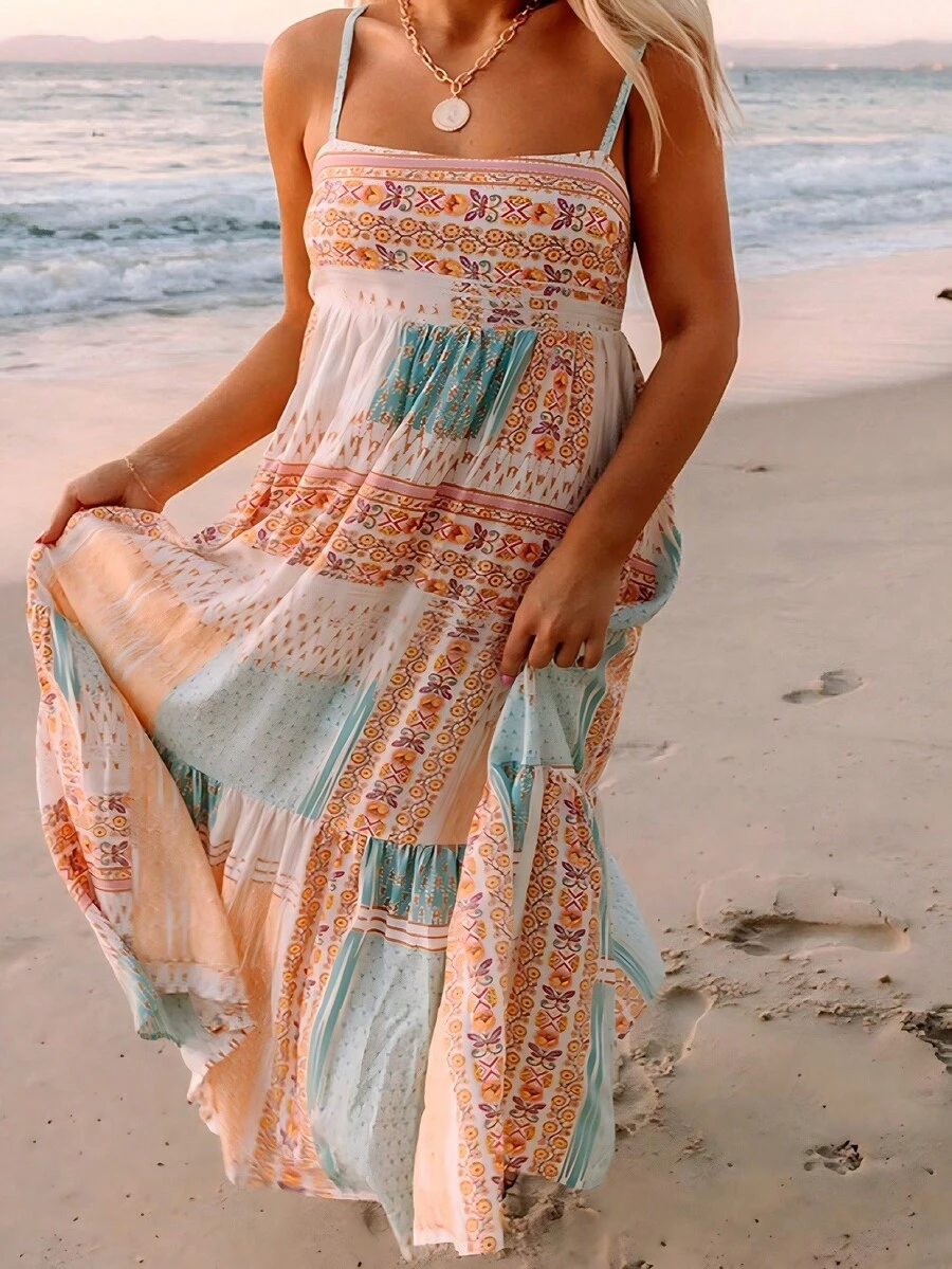 Damen Große Größen Boho Muster Trägerkleid, sommerlicher atmungsaktiver Stoff in lockerer Passform, geeignet für Sommerstrand Urlaub Damenkleid - Verschiedenfarbig - Übersicht 1