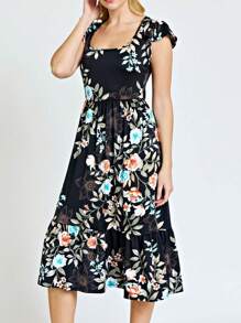 Boho Retro Ditsy Floral Flutter Puff Sleeve Square Neck Tiered Ruffle Tea Midi Length Classic Bridgerton Dress - Black B - View 3