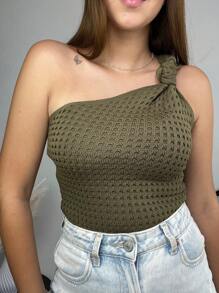 Women's Cropped Blouse Tricot Modal One Shoulder Mule Manca Hole Side Knot Summer Premium - 墨綠色 - 查看 3