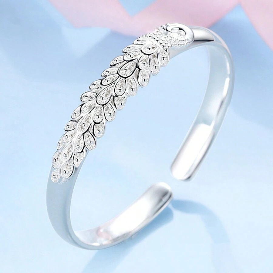 Nuevo brazalete de plata de ley 925 con diseño elegante de pavo real, abierto, para mujer. Accesorio de joyería de moda para fiestas, bodas y regalos