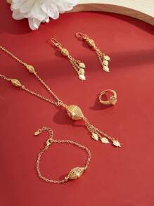 1 套时尚铜首饰套件，包括项链、手镯、戒指、耳环，适合休闲、派对、约会、圣诞节礼物，适合送给女性、女朋友、父母 - 金色 - 查看 10