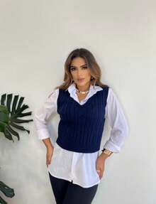 V-Neck Braided Knit Sweater Vest - Navy Blue - View 2
