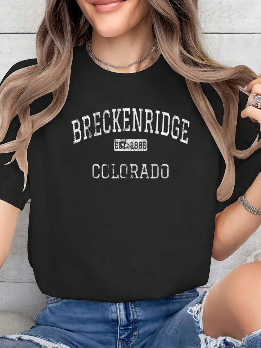 100% Cotton Breckenridge Colorado Co Vintage Print T-Shirt, Casual Crew Neck Short Sleeve Comfort Tee Top For Spring & Summer, Women'S Clothing - Black - View 1