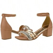 Sandália Feminina Salto Baixo Grosso Bico Quadrado 3 Tiras - Bege - Visão 5