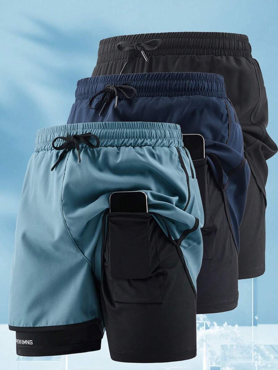 Bộ 3 quần short nam, lớp lót mới có túi, quần short 5/7, quần short thể thao 2 chiếc, quần áo thể thao chống hở hang - Nhiều màu - Xem 1