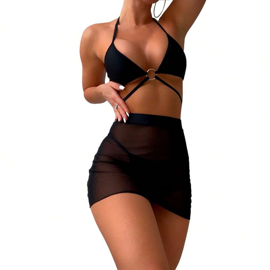Short Pareo Skirt For Beach Covers Up Bikini - 黑色 - 查看 1