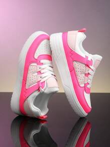 Baskets noires et blanches pour femmes, chaussures de skate à lacets avec semelle épaisse et douce, chaussures de marche basses, chaussures polyvalentes à semelle blanche pour femmes, chaussures pour étudiantes - Rose vif - Voir 7