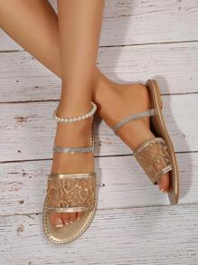 Flat Sequin Mesh Slippers For Women, Elegant Soft Bottom High-End Fashionable Gold Color Sandals, Summer 2025 New Arrivals - Gold - View 5