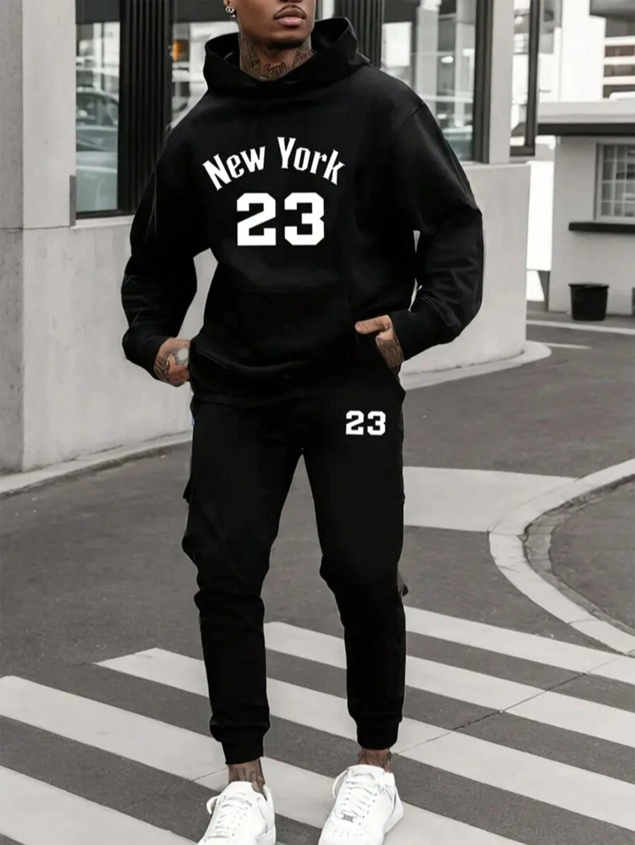 New York Kangaroo Set 23 (FRONT) Sports Jacket Cold Weather Blouse With Pocket And Hood + Sweatpants 23 (SIDE) Unisex Inferno Moda - 黑色 - 查看 1