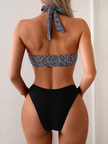 2pcs/Set Summer Beach Sexy Halter Neck Bikini Swimwear - Black - View 2