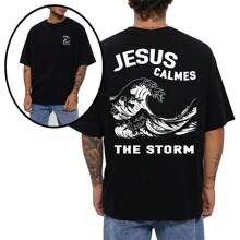 Oversized Religious Shirt Jesus Calms The Storm 100% Cotton Comfortable Casual Fashion Streetwear Evangelical - 黑色 - 查看 2