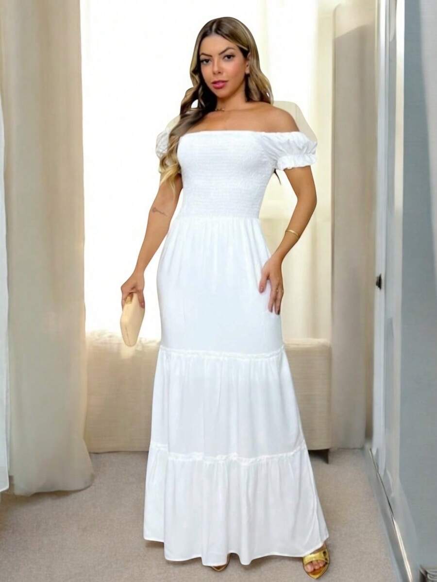 Vestido Campesino Unicolor Largo. Manga Corta. - Blanco - Ver 1