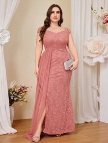 Plus Elegant Deep V-Neck Floral Lace Contrast Mesh Draped Side Split Thigh Formal Party Long Dress, Valentine's Day Dress, Summer Dress, Wedding Guest Dress, Prom Evening Gown, For Graduation, Dinner, Homecoming Dress - Dusty Pink - View 4