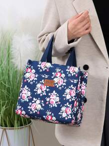 新款加厚尼龙面料花卉印花午餐袋，便携式便当盒手提袋，大容量隔热野餐袋，适合午餐、野餐、工作、旅行、日常使用女士午餐盒袋女士学校用品配件 - 寶藍色 - 查看 8
