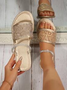 Flat Sequin Mesh Slippers For Women, Elegant Soft Bottom High-End Fashionable Gold Color Sandals, Summer 2025 New Arrivals - Gold - View 1