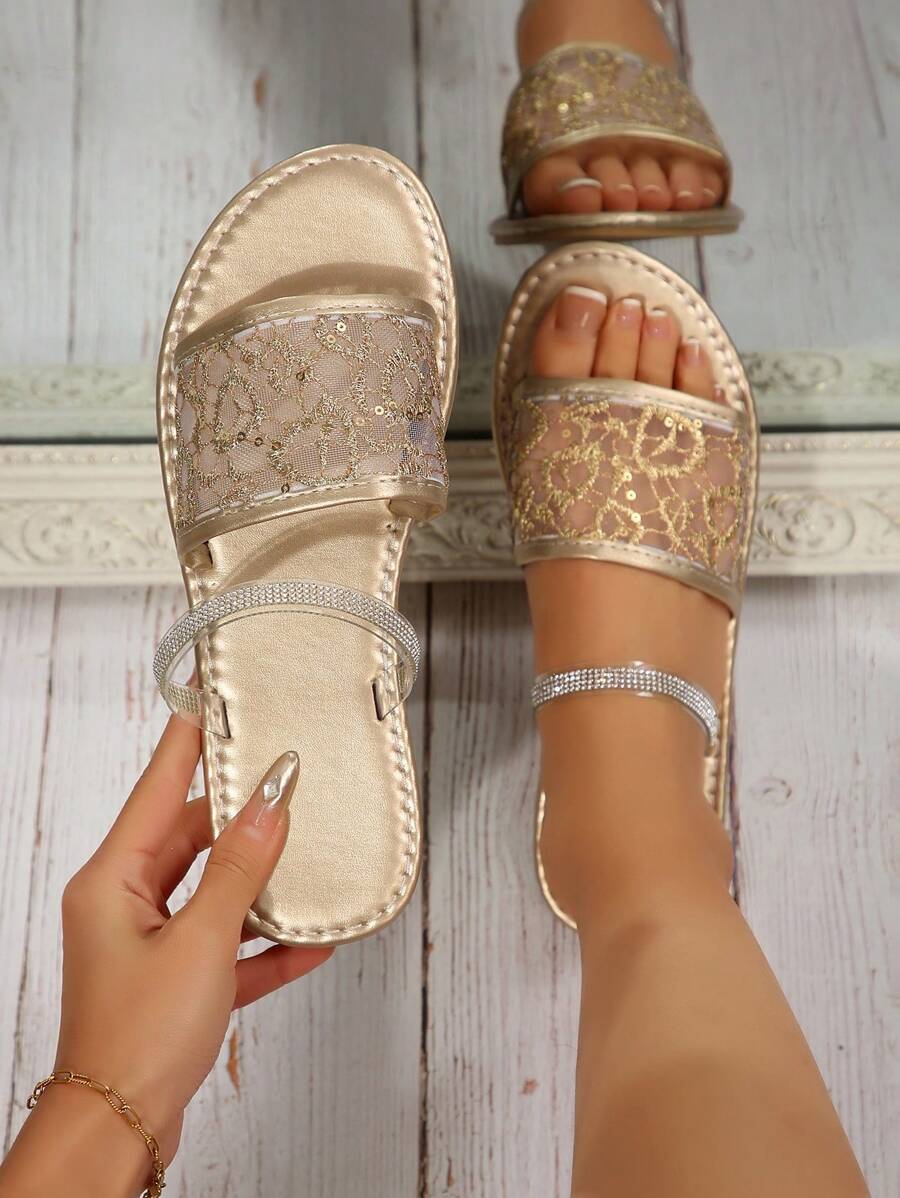 Flat Sequin Mesh Slippers For Women, Elegant Soft Bottom High-End Fashionable Gold Color Sandals, Summer 2025 New Arrivals - Gold - View 1