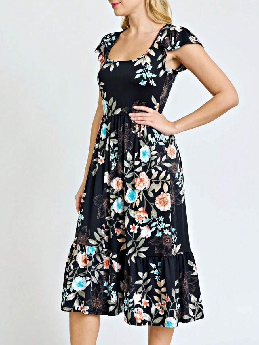Boho Retro Ditsy Floral Flutter Puff Sleeve Square Neck Tiered Ruffle Tea Midi Length Classic Bridgerton Dress - Black B - View 1