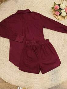 2pcs Shirt And Shorts Set - Burgundy - View 2