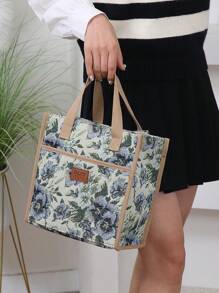 DLIU New Thickened Jacquard Fabric Tote Bag, Lunch Bag, Bento Bag, Lunch Box Bag, Carry Bag, Miscellaneous Bag With Aluminum Foil Insulation Layer, Portable For Work, Zipper Closure (Not Fully Closed) - Beige - View 9