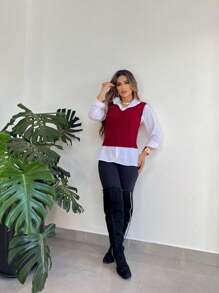 V-Neck Braided Knit Sweater Vest - Red - View 4