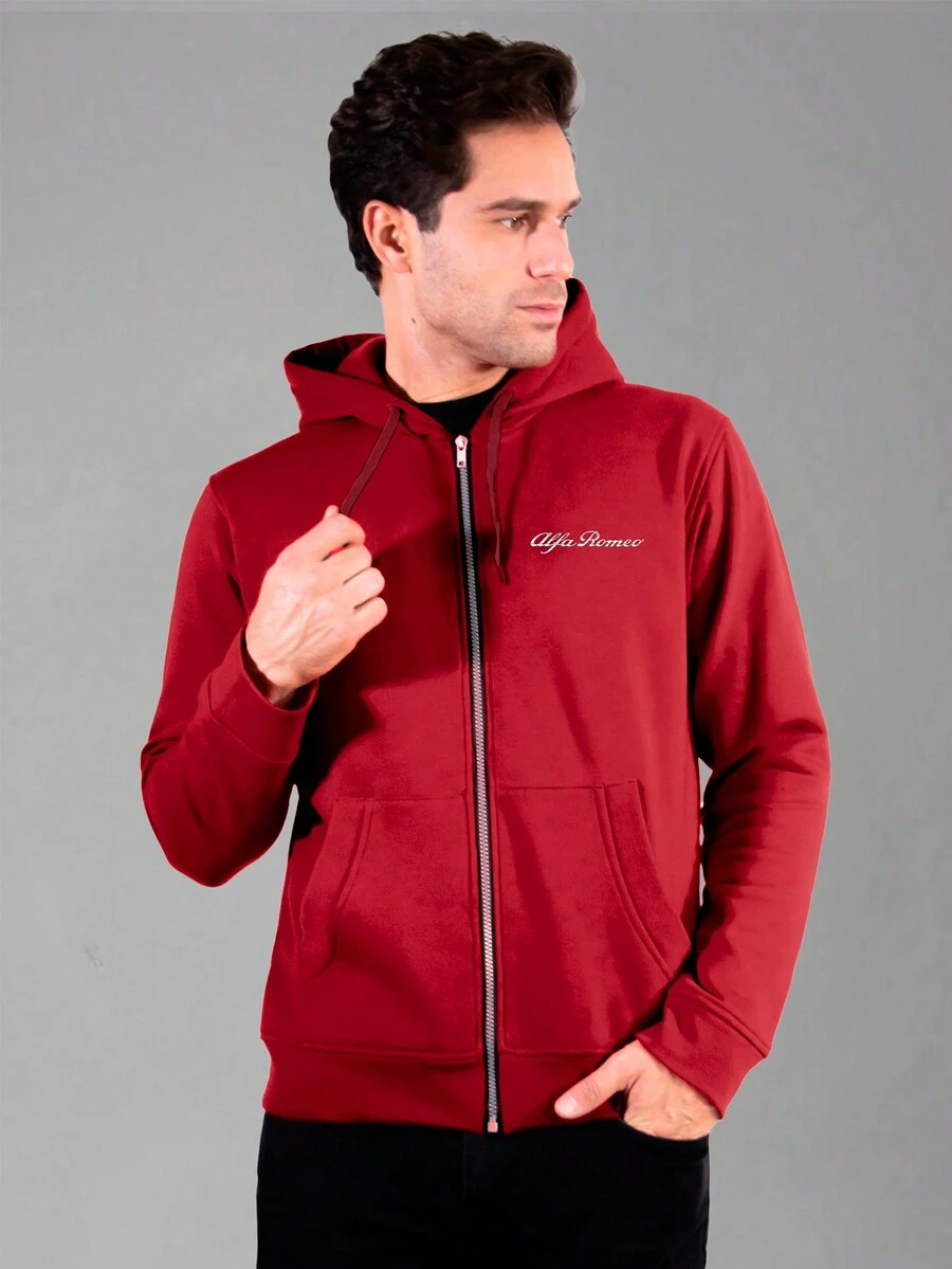 Alfa Romeo Men's Solid Color Zip-Up Design Sweatshirt With Pocket - Red - View 1