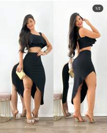 Women's Cropped Set With Ruffle And Skirt - Negro - Ver 2