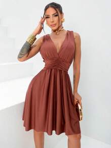 Vestido Feminino Curto Casamento Festa / Decote V Premium / Vestido Elegante Casual Sensual / Vestido Madrinha / Vestido Formatura / Vestido Noivado - Marrom - Visão 1