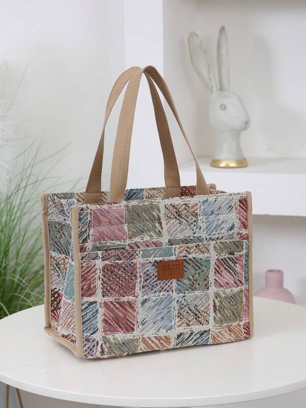 Neu verdickte Jacquard-gestrickte Stoff-Tragetasche, Lunchbox Isoliertasche mit großem Fassungsvermögen, geeignet zum Mitbringen von Mittagessen zur Arbeit, Outdoor-Picknick, Aufbewahrung von Essenscontainern, mit Alufolienauskleidung und Reißverschlusstasche vorne