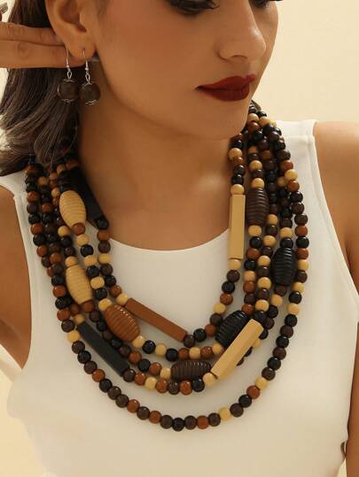 Exaggerated Handmade Beaded Aluminum Wire Woven Wood Bead Bohemian Vintage Style Necklace And Earring Set