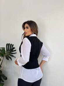 V-Neck Braided Knit Sweater Vest - Black - View 3