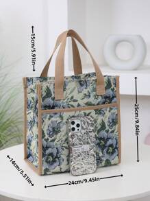 DLIU New Thickened Jacquard Fabric Tote Bag, Lunch Bag, Bento Bag, Lunch Box Bag, Carry Bag, Miscellaneous Bag With Aluminum Foil Insulation Layer, Portable For Work, Zipper Closure (Not Fully Closed) - Beige - View 3