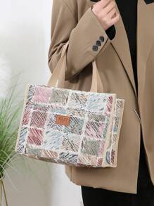 新款加厚提花针织面料手提袋，大容量午餐盒保温冷藏袋，适合带午餐上班、户外野餐、餐盒收纳，带铝箔衬里和前拉链口袋午餐袋女士午餐盒袋女士学校用品配件 - 卡其色 - 查看 8