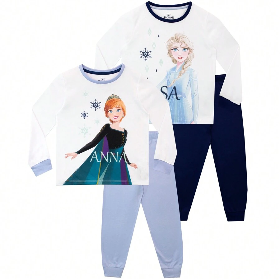 Disney Frozen Pyjamas | 2 Pack Girls Pjs | Anna & Elsa Girls' Pyjama Sets - Blue - View 1