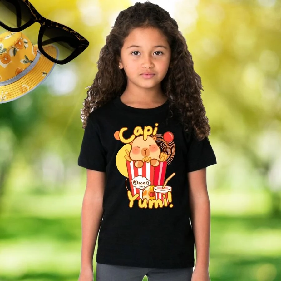 Unisex Fashion Capybara T-Shirt For Boys And Girls, Cotton, 9 - 黑色 - 查看 1