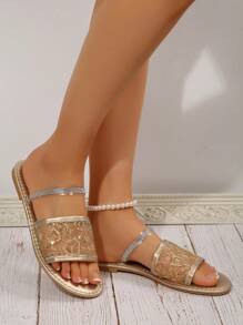 Flat Sequin Mesh Slippers For Women, Elegant Soft Bottom High-End Fashionable Gold Color Sandals, Summer 2025 New Arrivals - Gold - View 3