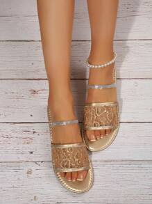 Flat Sequin Mesh Slippers For Women, Elegant Soft Bottom High-End Fashionable Gold Color Sandals, Summer 2025 New Arrivals - Gold - View 4