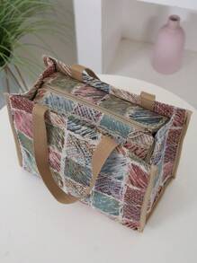 新款加厚提花针织面料手提袋，大容量午餐盒保温冷藏袋，适合带午餐上班、户外野餐、餐盒收纳，带铝箔衬里和前拉链口袋午餐袋女士午餐盒袋女士学校用品配件 - 卡其色 - 查看 5